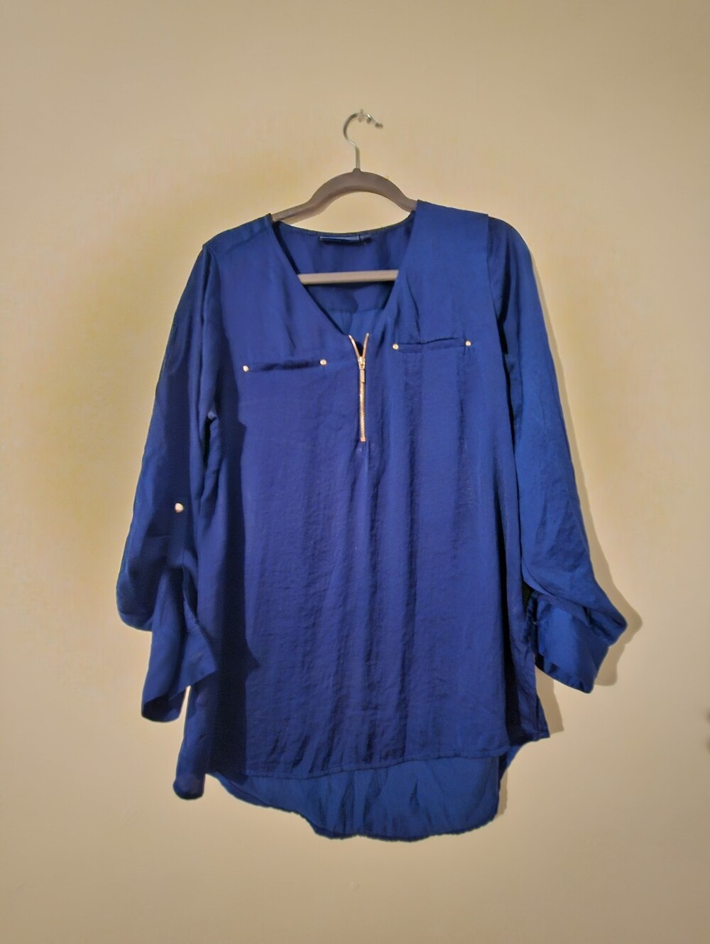 Royal Blue Zip-Front Roll-Tab Blouse